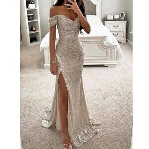 Cinderella Champagne Sequin Off-Shoulder Prom Dress